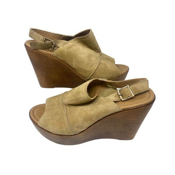 MILE Paoli Suede Wedges Heels Open Toe Nude Beige Women's Size 8.5‎ US - Picture 4 of 5
